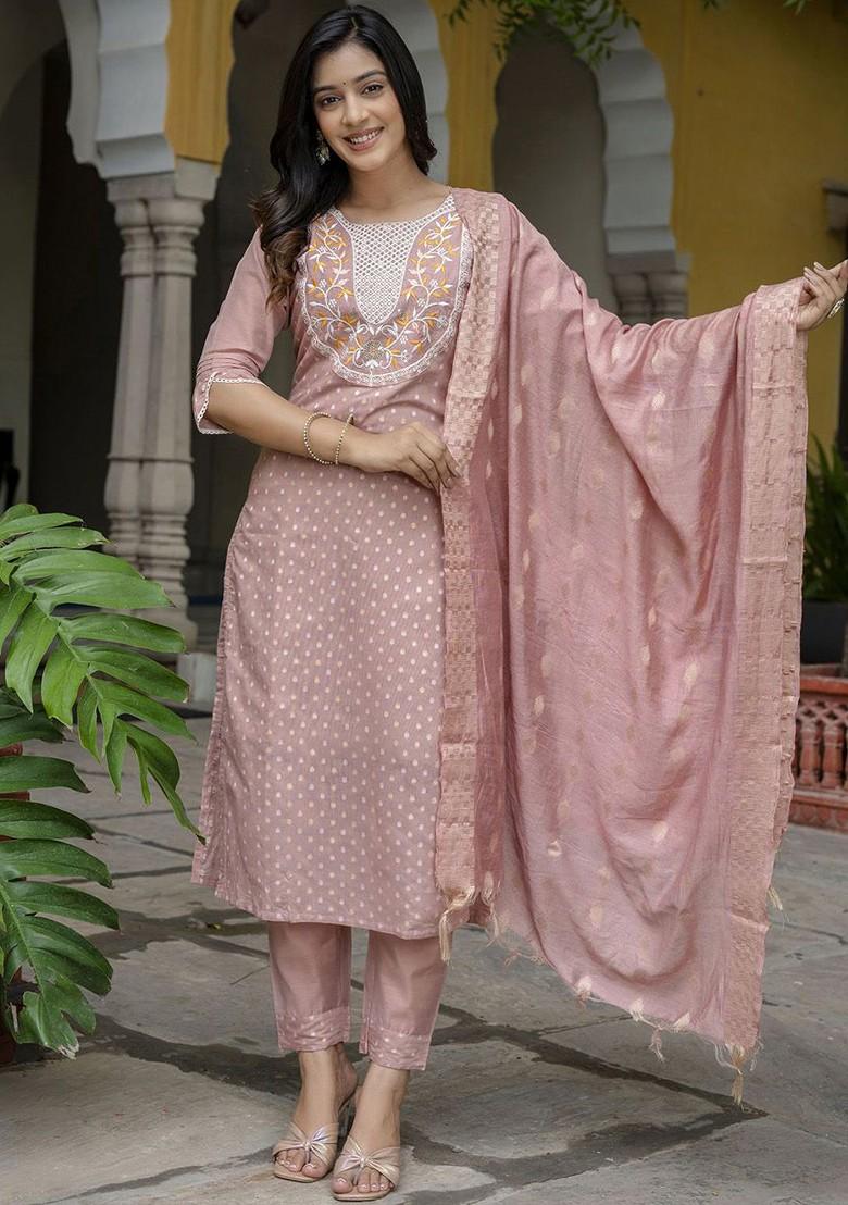 Peach Printed Silk Kurta Set