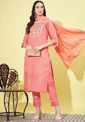 Pink Printed Poly Blend Kurta Set