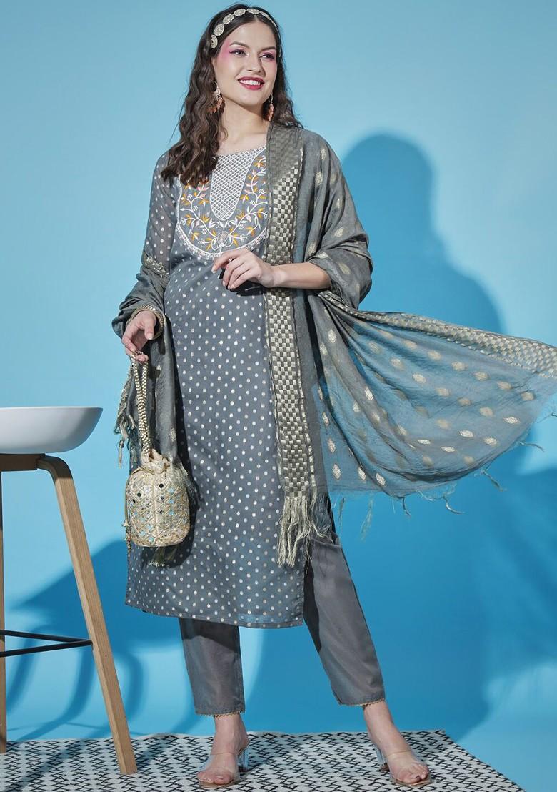 Grey Floral Embroidered Silk Kurta Set