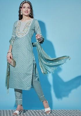 Blue Floral Print Silk Kurta Set