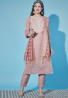 Peach Printed Silk Kurta Set