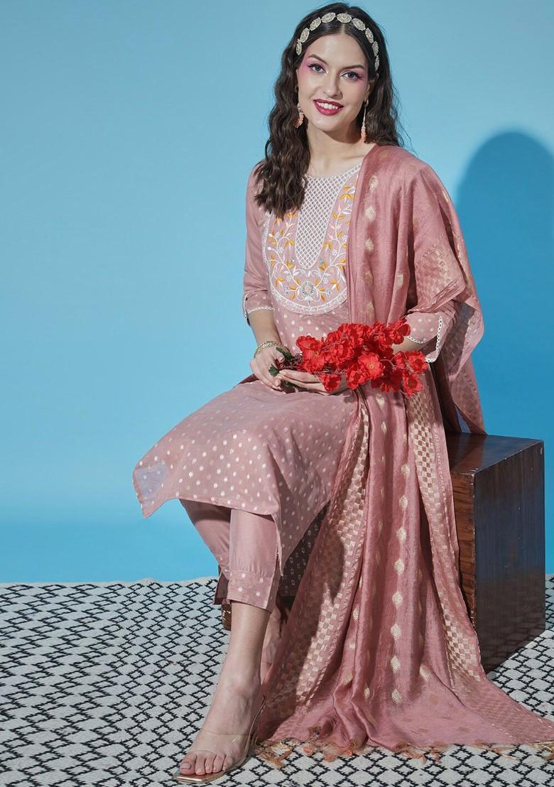 Peach Printed Silk Kurta Set