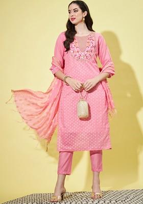 Pink Floral Embroidered Silk Kurta Set