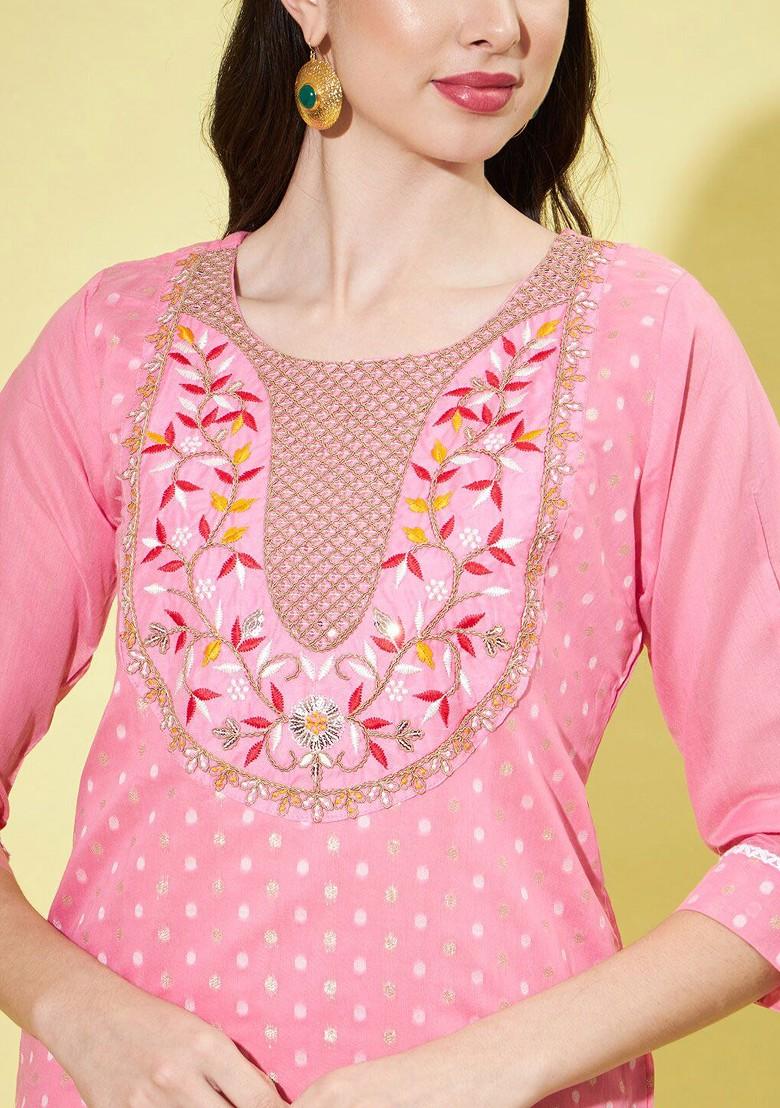 Pink Floral Embroidered Silk Kurta Set
