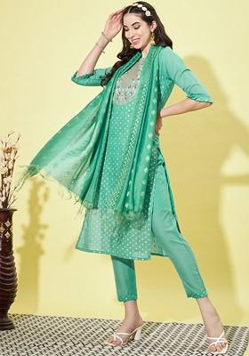 Teal Printed Silk Kurta Set