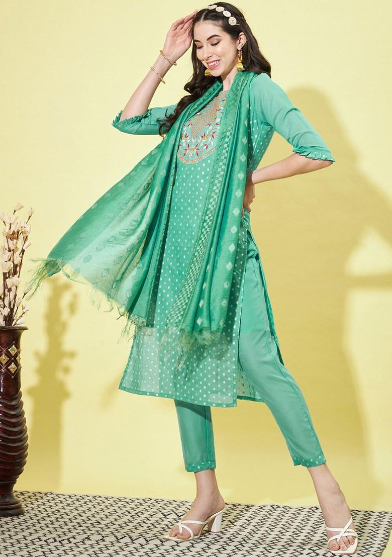 Teal Printed Silk Kurta Set