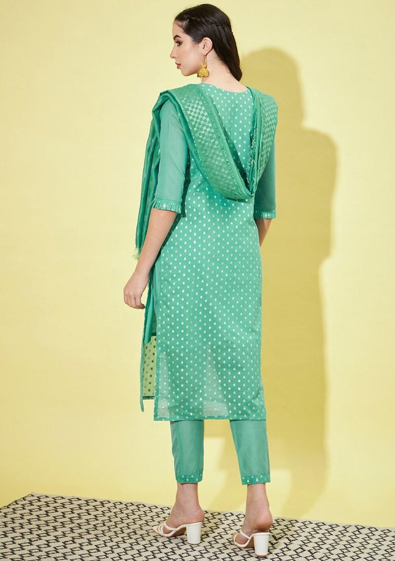 Teal Printed Silk Kurta Set