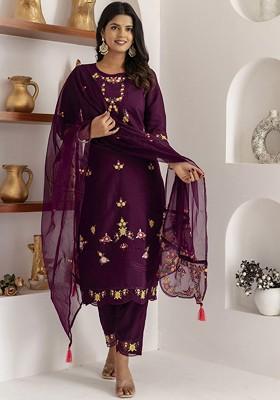 Purple Floral Embroidered Poly Blend Kurta Set With Dupatta