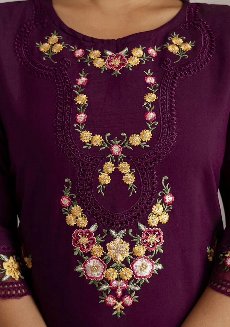 Purple Floral Embroidered Poly Blend Kurta Set