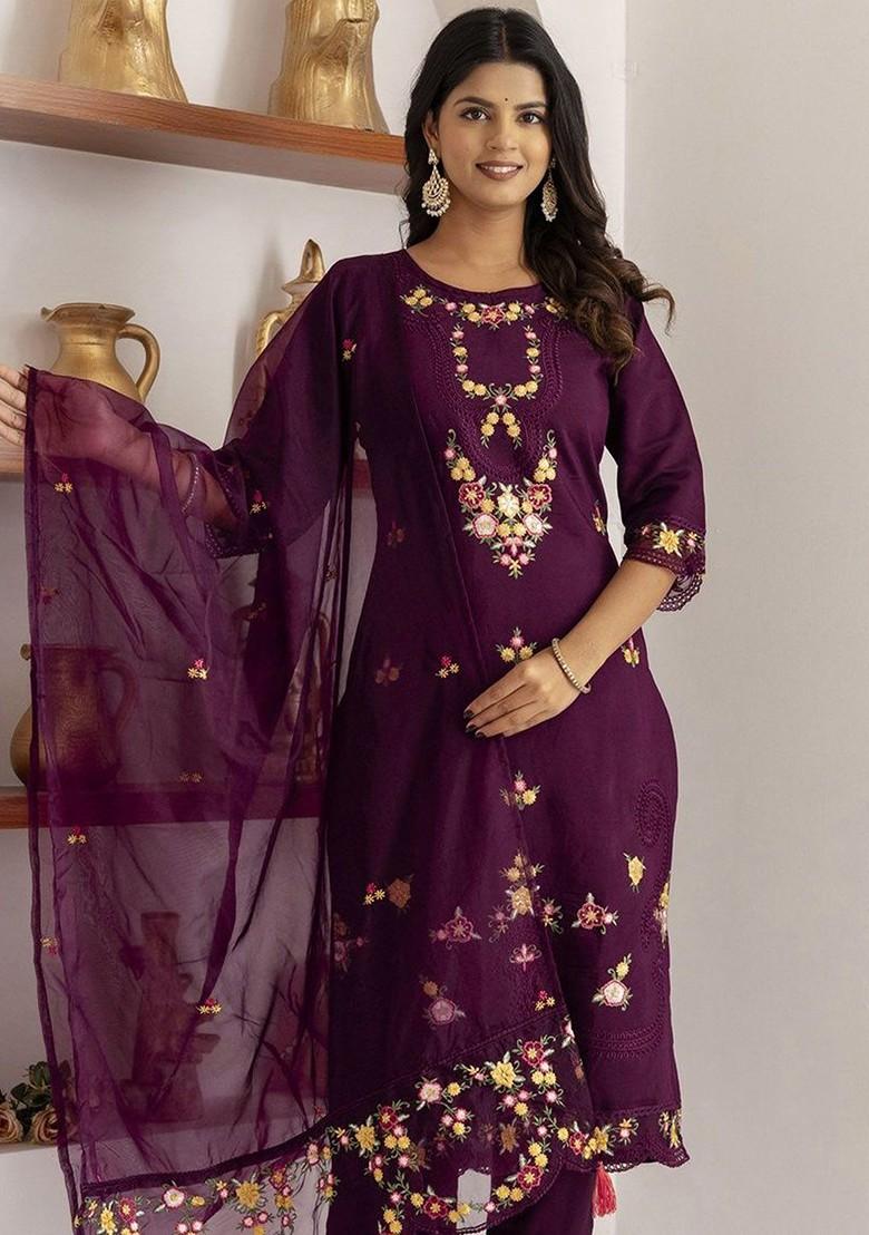 Purple Floral Embroidered Poly Blend Kurta Set