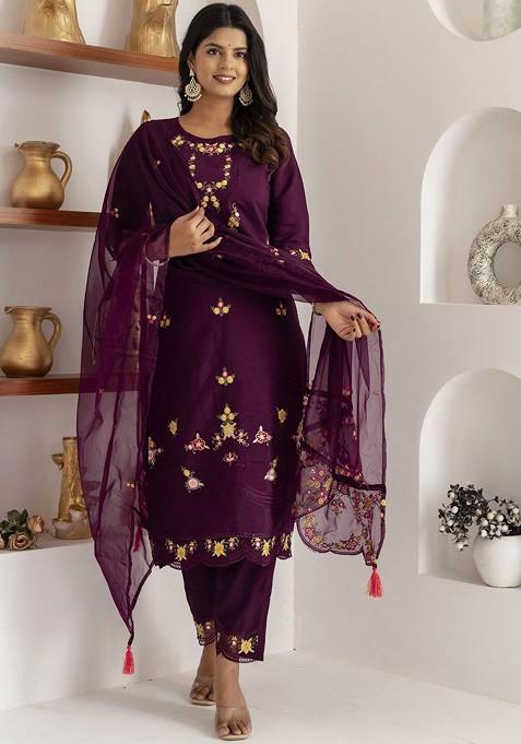 Purple Floral Embroidered Poly Blend Kurta Set