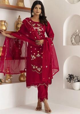 Red Floral Embroidered Poly Blend Kurta Set