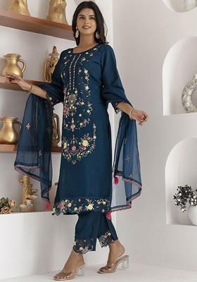 Teal Floral Embroidered Poly Blend Kurta Set