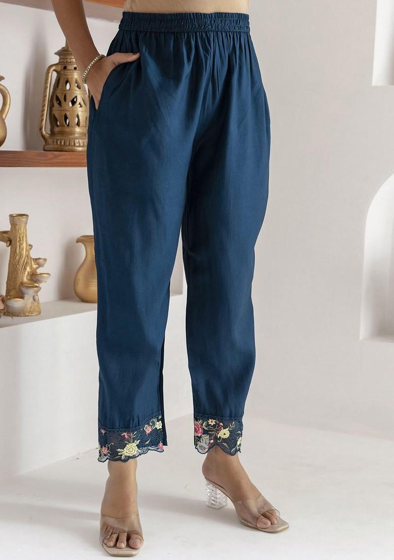 Teal Floral Embroidered Poly Blend Kurta Set