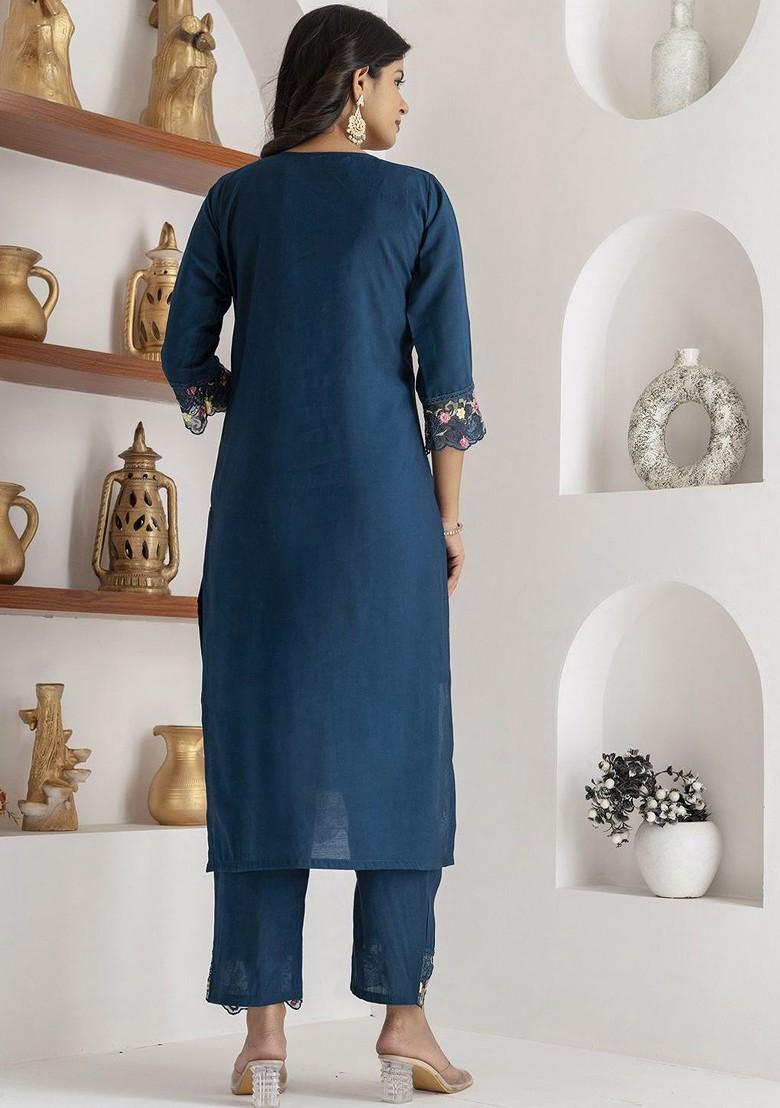 Teal Floral Embroidered Poly Blend Kurta Set