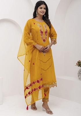 Yellow Floral Embroidered Poly Blend Kurta Set