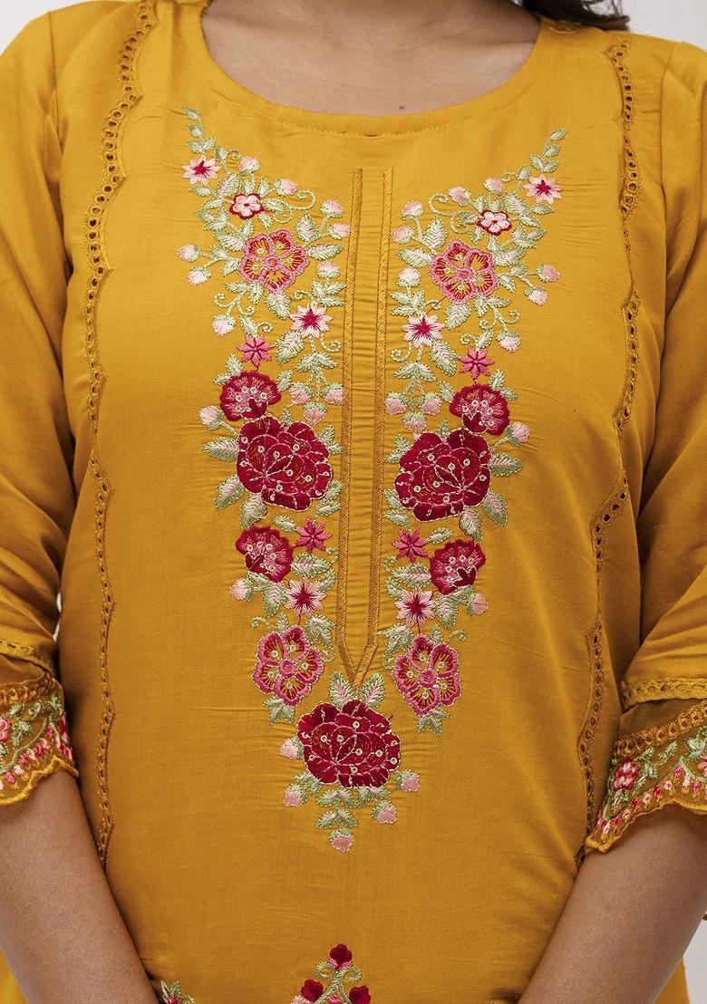 Yellow Floral Embroidered Poly Blend Kurta Set