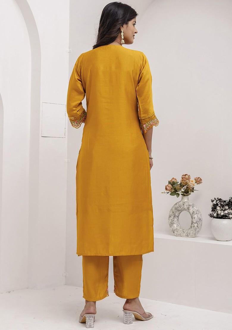 Yellow Floral Embroidered Poly Blend Kurta Set