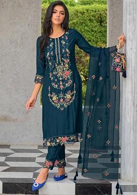 Teal Floral Embroidered Poly Blend Kurta Set