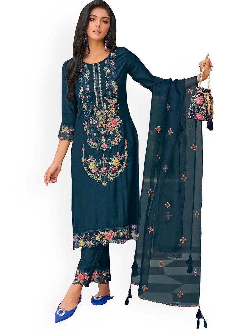 Teal Floral Embroidered Poly Blend Kurta Set
