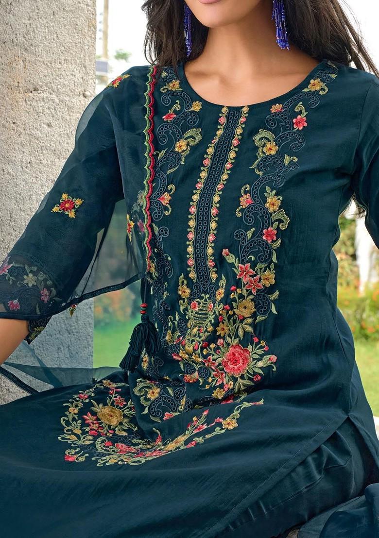 Teal Floral Embroidered Poly Blend Kurta Set