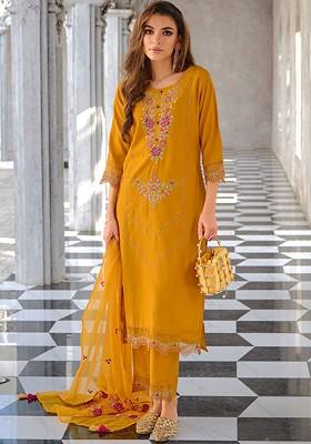 Yellow Floral Embroidered Poly Blend Kurta Set