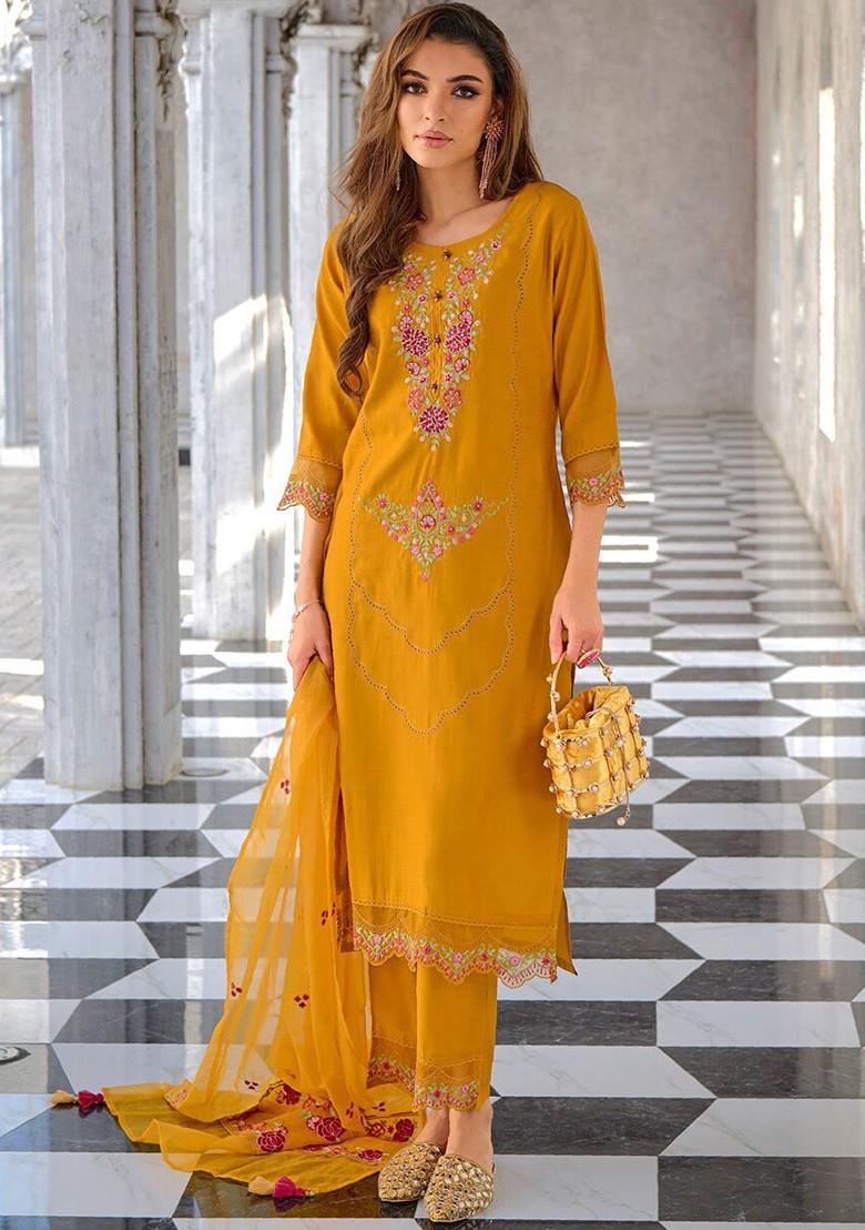 Yellow Floral Embroidered Poly Blend Kurta Set
