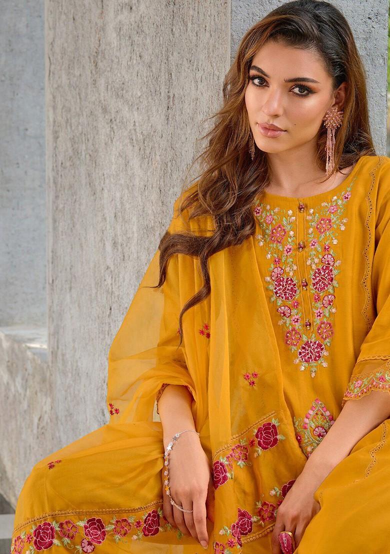 Yellow Floral Embroidered Poly Blend Kurta Set