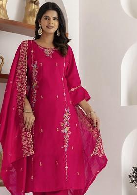 Red Floral Embroidered Poly Blend Kurta Set