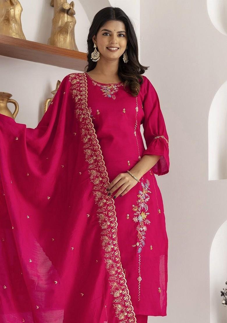 Red Floral Embroidered Poly Blend Kurta Set