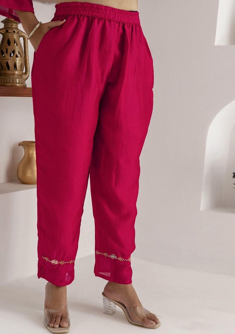 Red Floral Embroidered Poly Blend Kurta Set