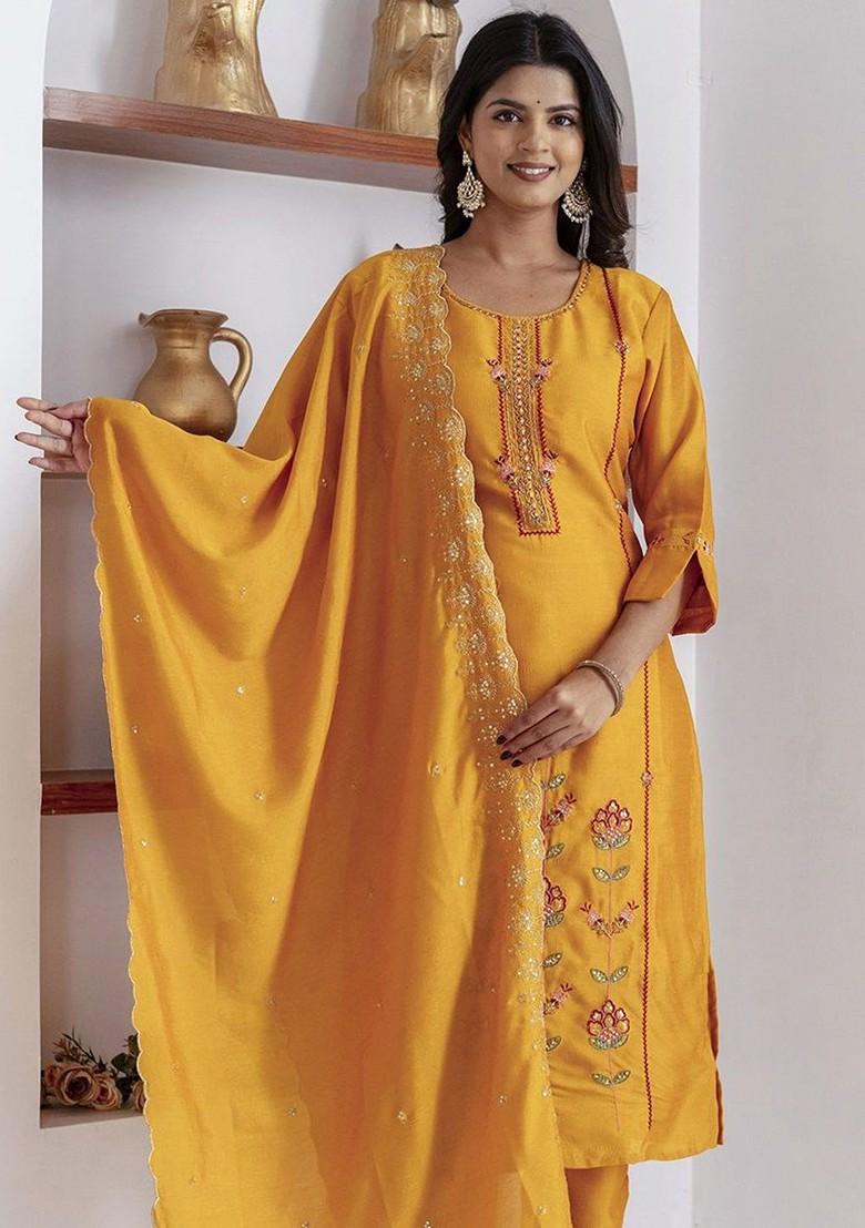 Yellow Floral Embroidered Poly Blend Kurta Set