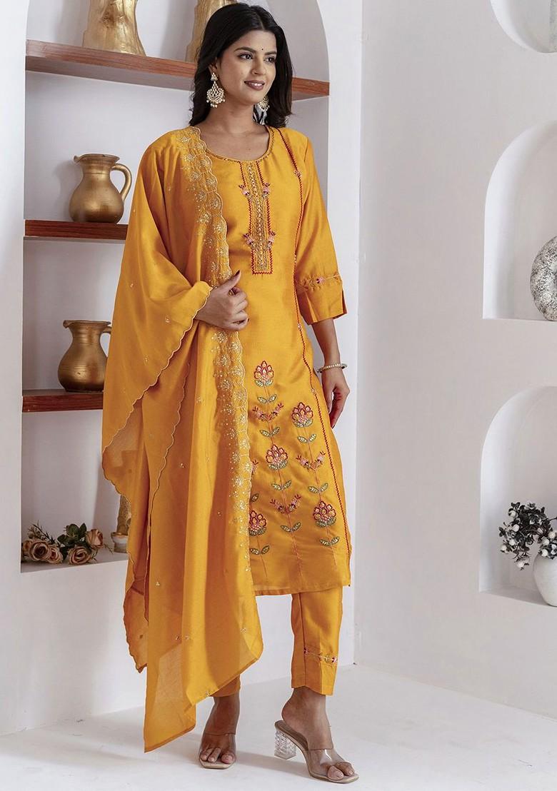 Yellow Floral Embroidered Poly Blend Kurta Set