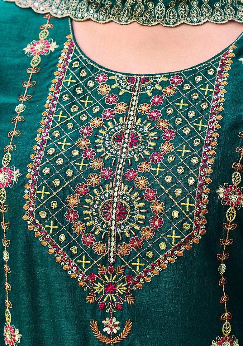 Green Ethnic Motifs Embroidery Poly Blend Kurta Set