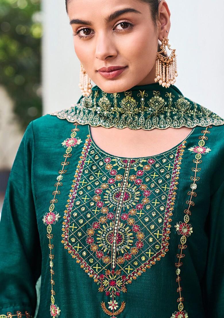 Green Ethnic Motifs Embroidery Poly Blend Kurta Set