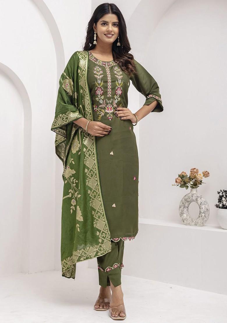 Green Ethnic Motifs Embroidery Poly Blend Kurta Set