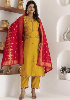 Yellow Floral Embroidered Poly Blend Kurta Set