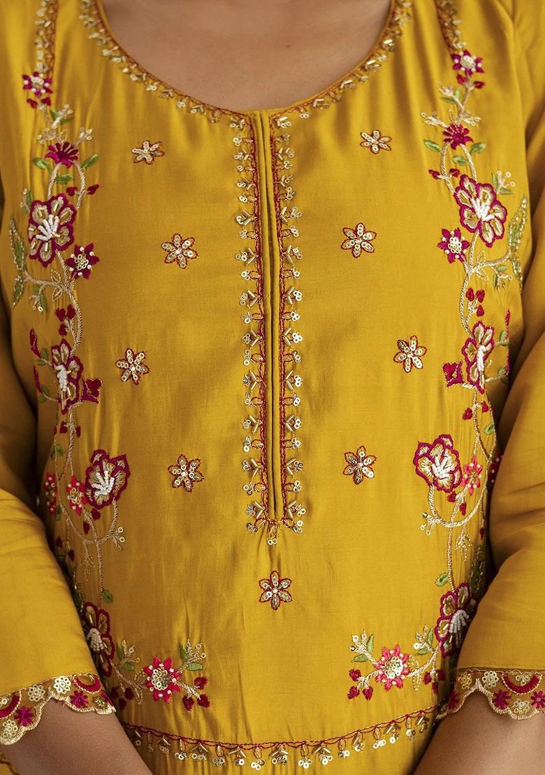 Yellow Floral Embroidered Poly Blend Kurta Set