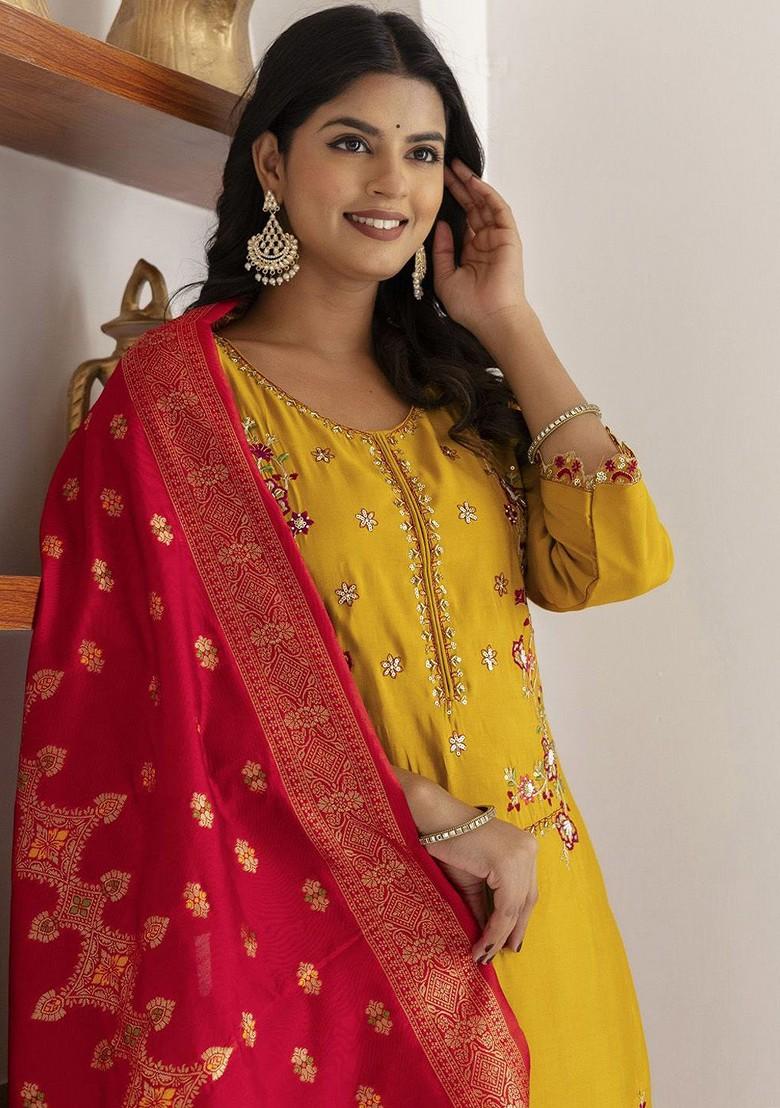 Yellow Floral Embroidered Poly Blend Kurta Set