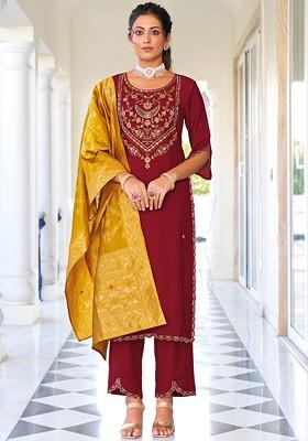 Maroon Embroidered Poly Blend Kurta Set