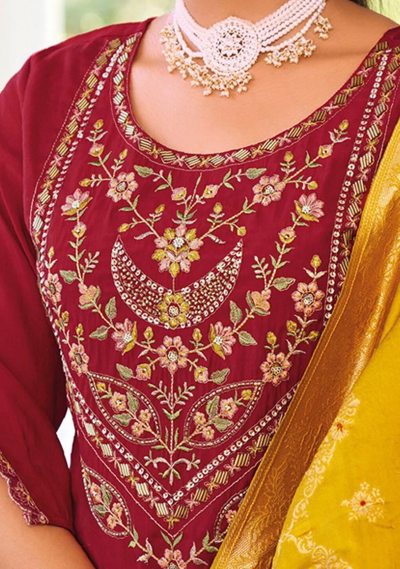 Maroon Embroidered Poly Blend Kurta Set