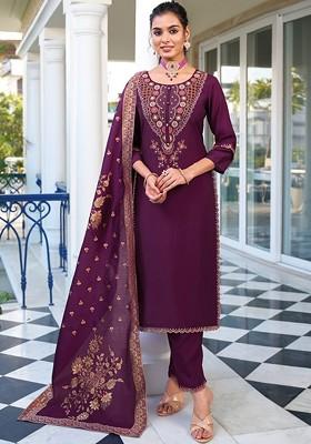 Purple Embroidered Poly Blend Kurta Set