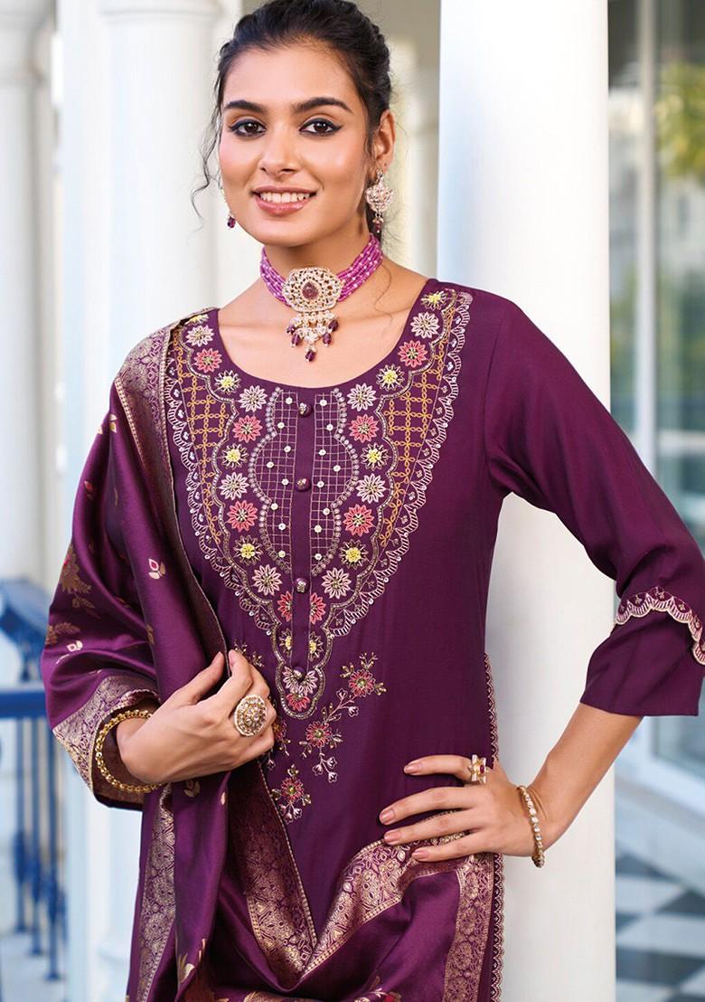 Purple Embroidered Poly Blend Kurta Set