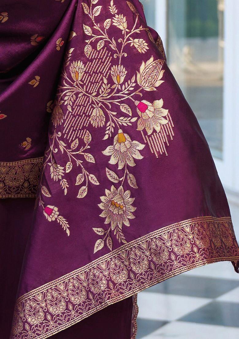 Purple Embroidered Poly Blend Kurta Set