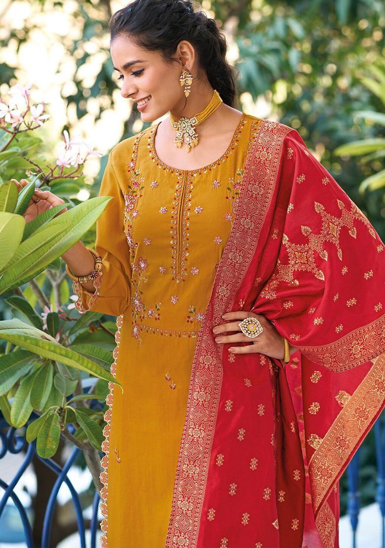 Yellow Embroidered Poly Blend Kurta Set