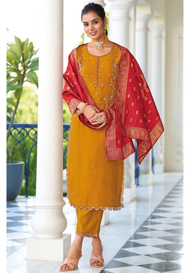Yellow Embroidered Poly Blend Kurta Set