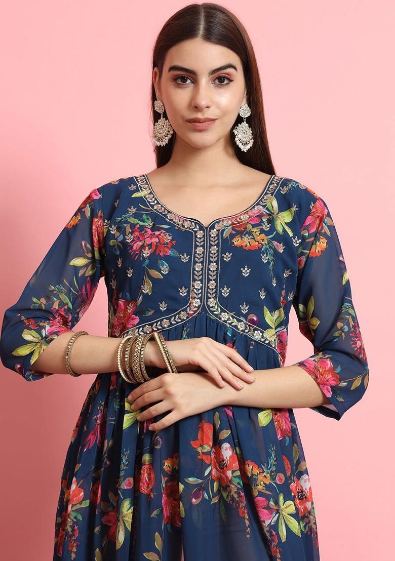 Navy Blue Floral Print Poly Blend Kurta Set