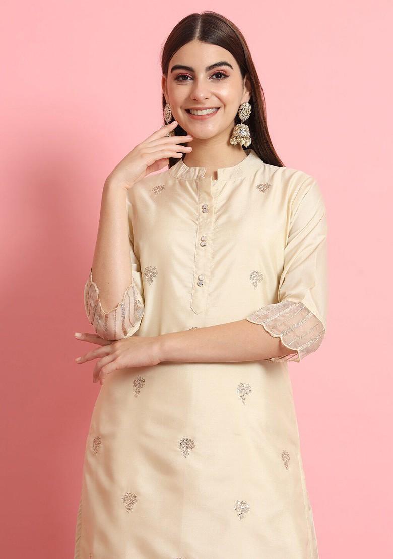 Beige Printed Poly Blend Kurta Set