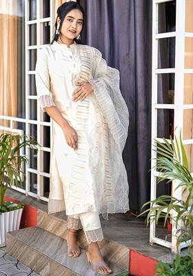 Beige Floral Embroidered Poly Blend Kurta Set