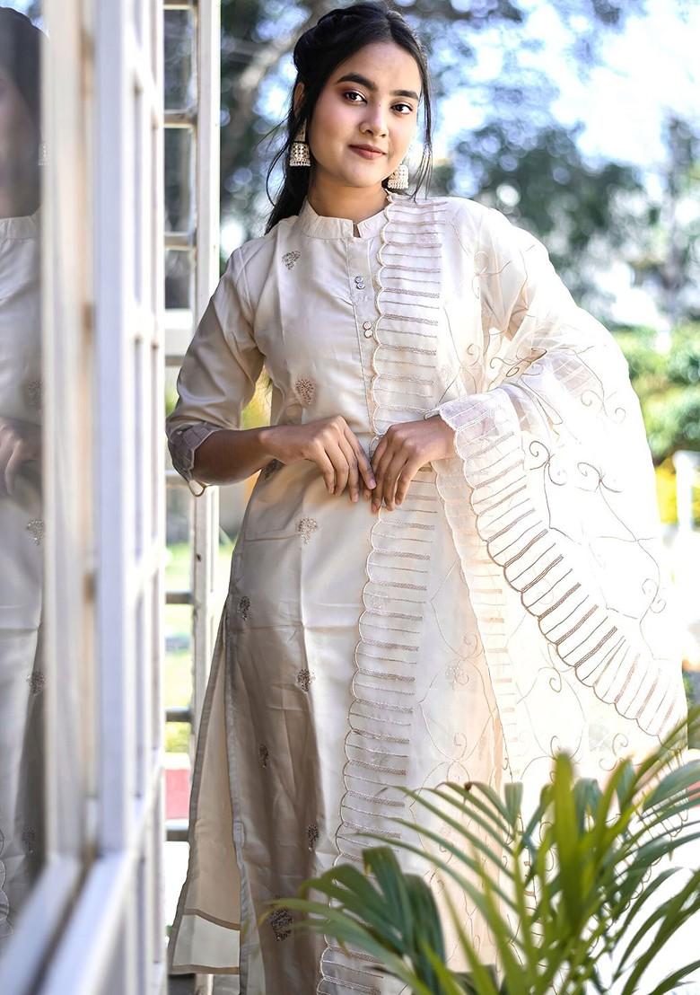 Beige Floral Embroidered Poly Blend Kurta Set